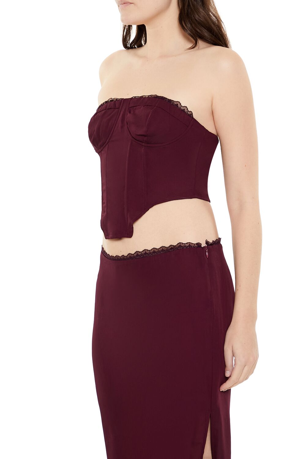  Forever 21 Lace-Trim Bustier Tube Crop Top - burgundy - Bonton
