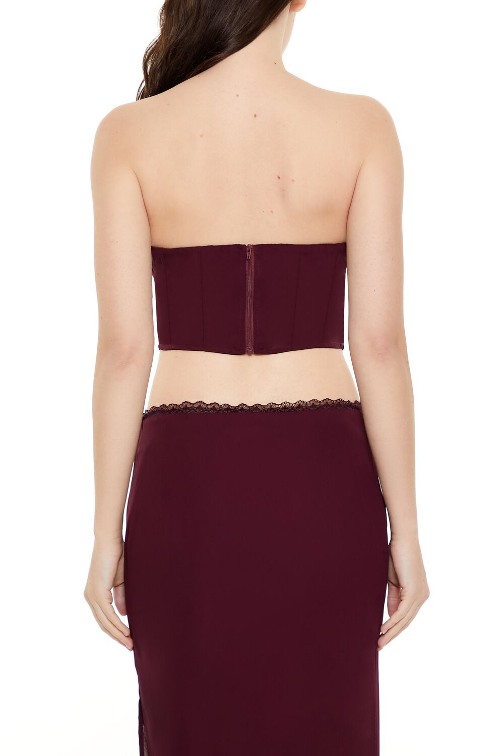  Forever 21 Lace-Trim Bustier Tube Crop Top - burgundy - Bonton