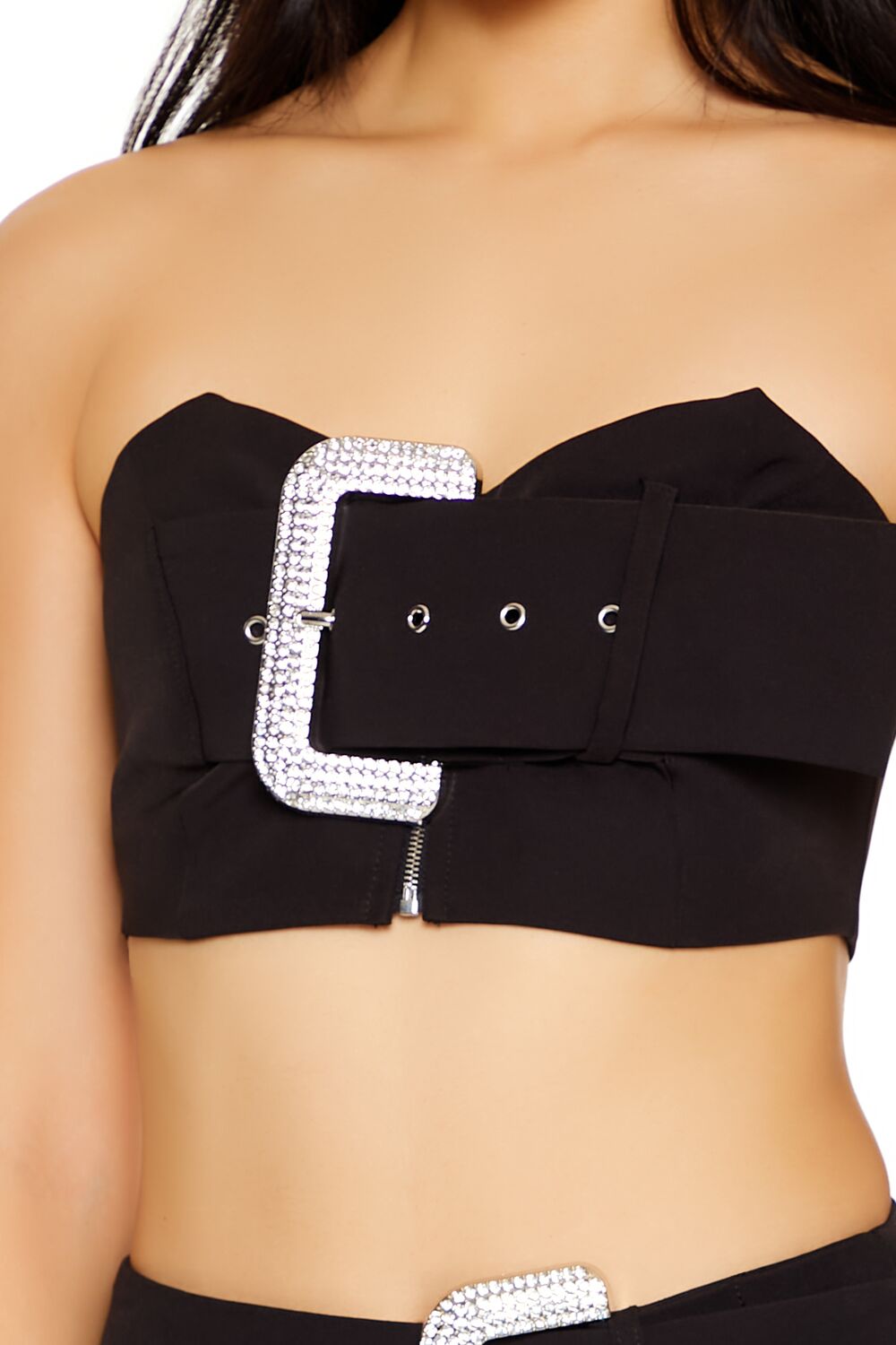  Forever 21 Rhinestone Buckle Tube Crop Top - black - Bonton