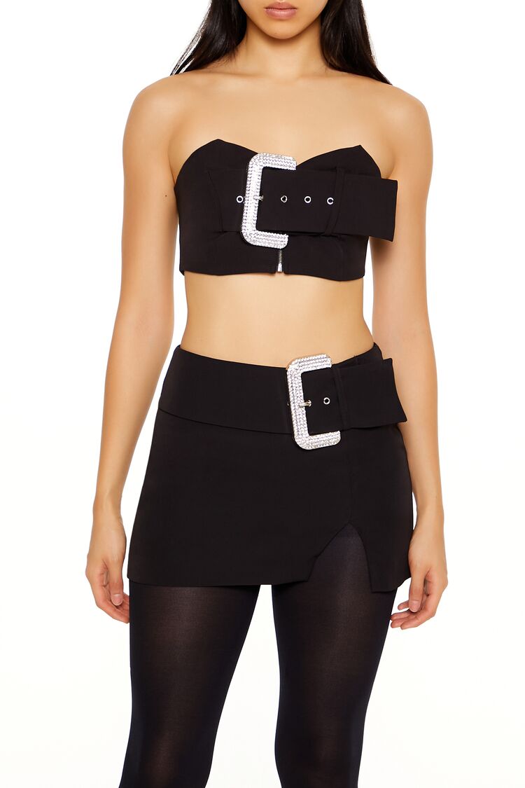  Forever 21 Rhinestone Buckle Tube Crop Top - black - Bonton