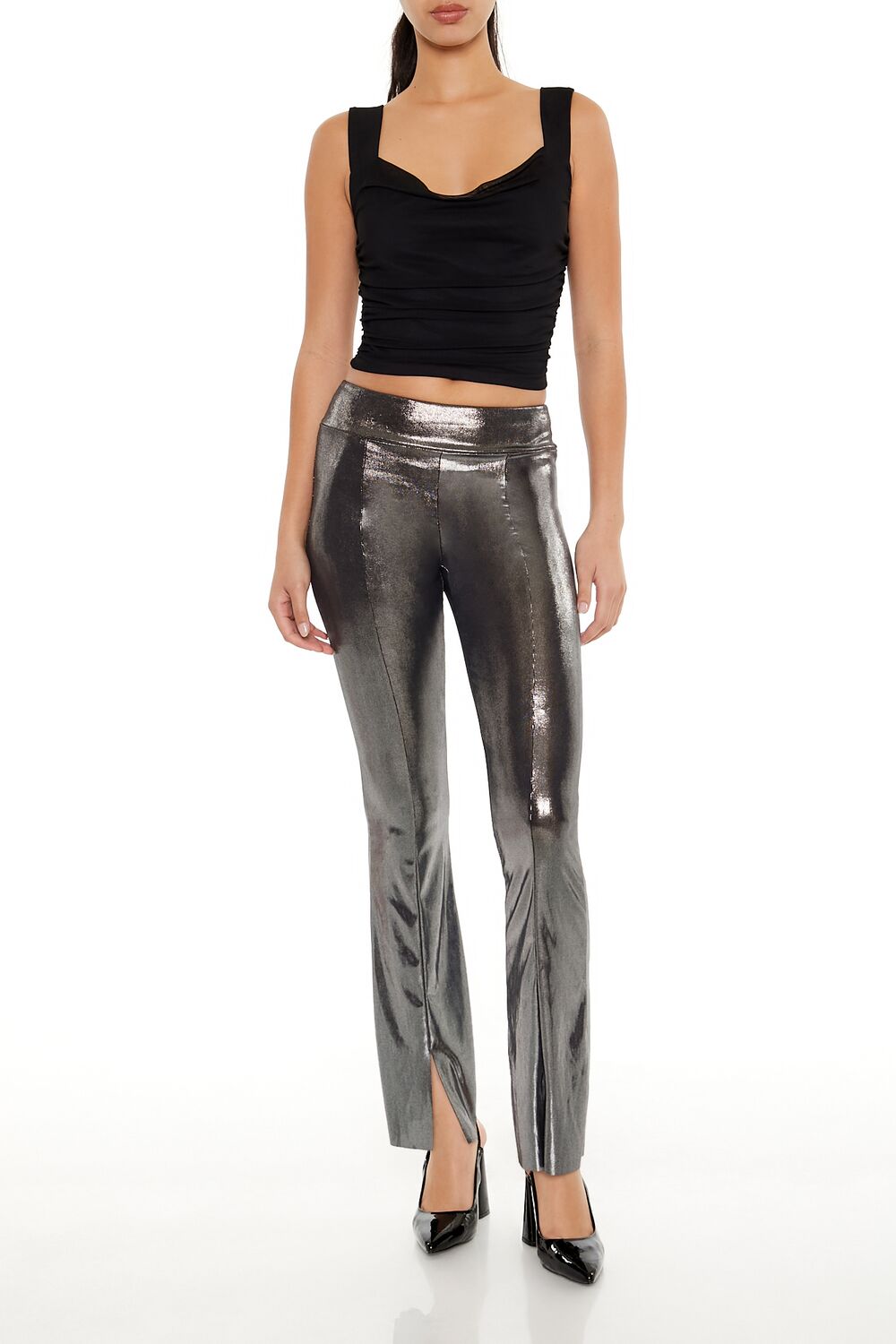  Forever 21 Metallic Mid-Rise Flare Leggings - silver - Bonton