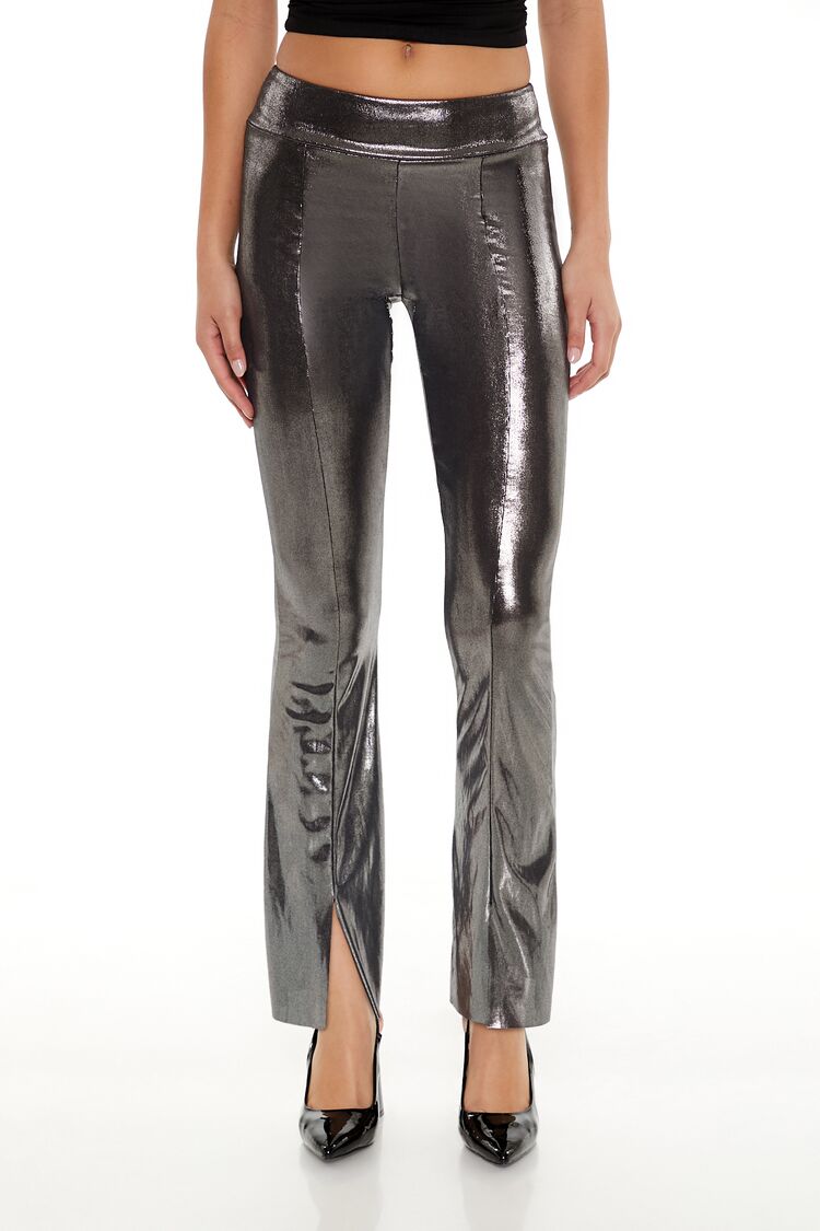  Forever 21 Metallic Mid-Rise Flare Leggings - silver - Bonton