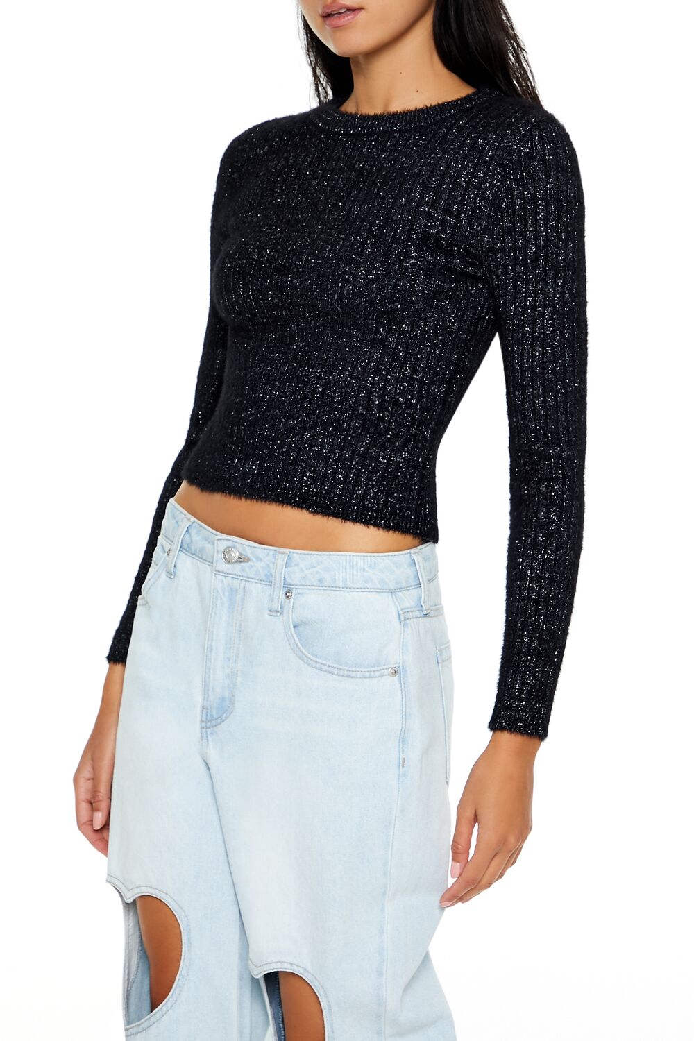  Forever 21 Ribbed Fuzzy Knit Sweater - black - Bonton