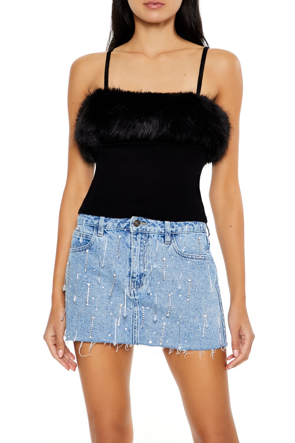  Forever 21 Faux Fur-Trim Sweater-Knit Cami - black - Bonton
