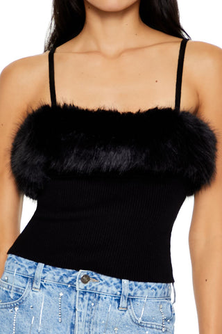 Faux Fur-Trim Sweater-Knit Cami