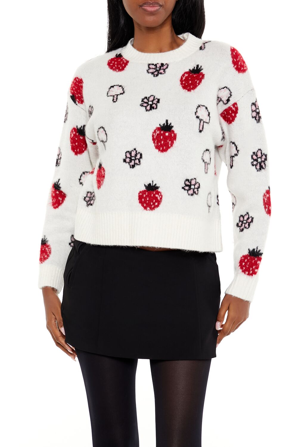  Forever 21 Strawberry & Mushroom Print Sweater - white multi - Bonton