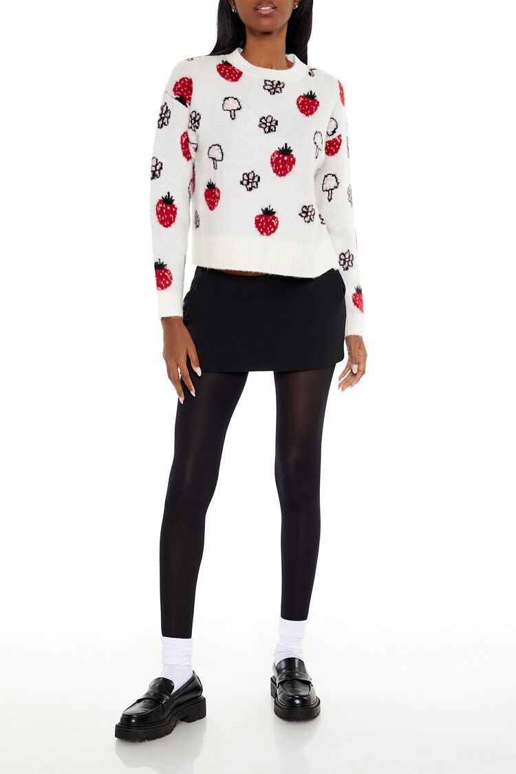  Forever 21 Strawberry & Mushroom Print Sweater - white multi - Bonton
