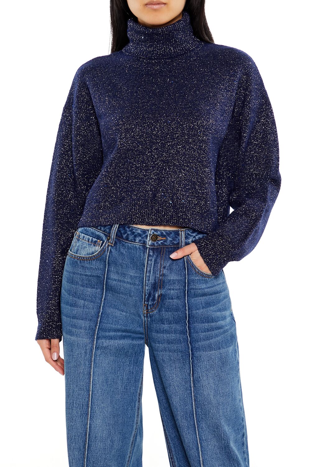  Forever 21 Glitter Knit Turtleneck Sweater - dark blue - Bonton