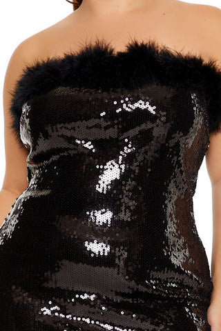 Plus Size Faux Fur Sequin Mini Tube Dress