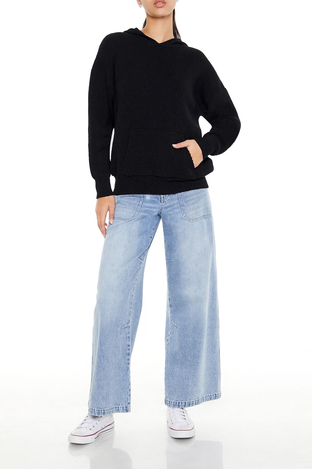  Forever 21 Hooded Drop-Sleeve Sweater - black - Bonton