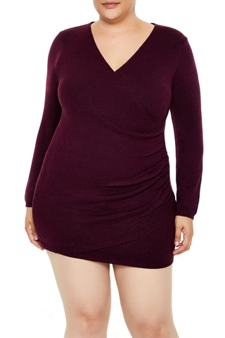 Plus Size Surplice Mini Sweater Dress