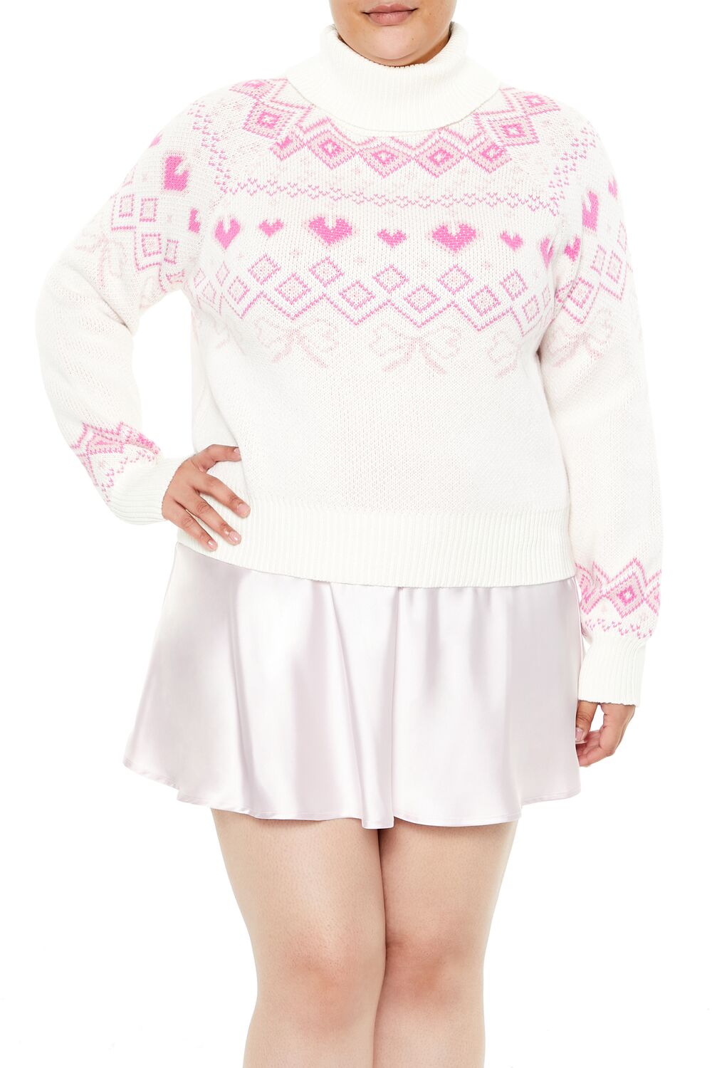  Forever 21 Plus Size Fair Isle Turtleneck Sweater - white pink - Bonton