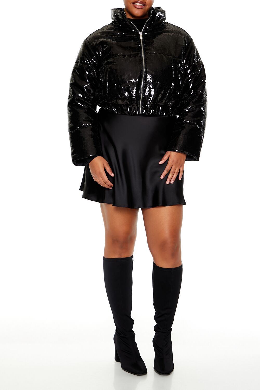  Forever 21 Plus Size Sequin Puffer Jacket - black-swatch - Bonton