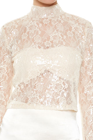 Sheer Lace Sequin Mock Neck Top