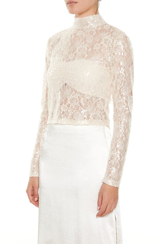 Sheer Lace Sequin Mock Neck Top