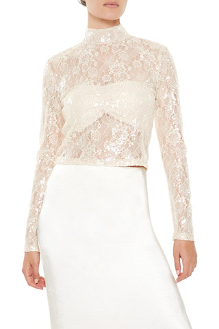 Sheer Lace Sequin Mock Neck Top