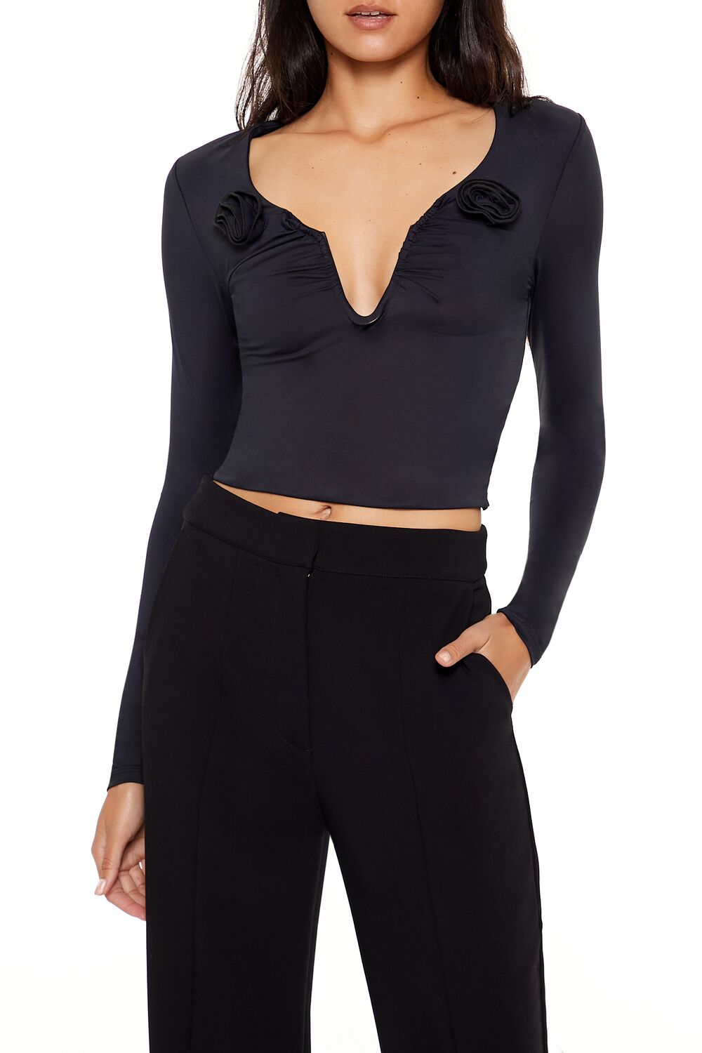  Forever 21 Rosette Long-Sleeve Crop Top - black - Bonton