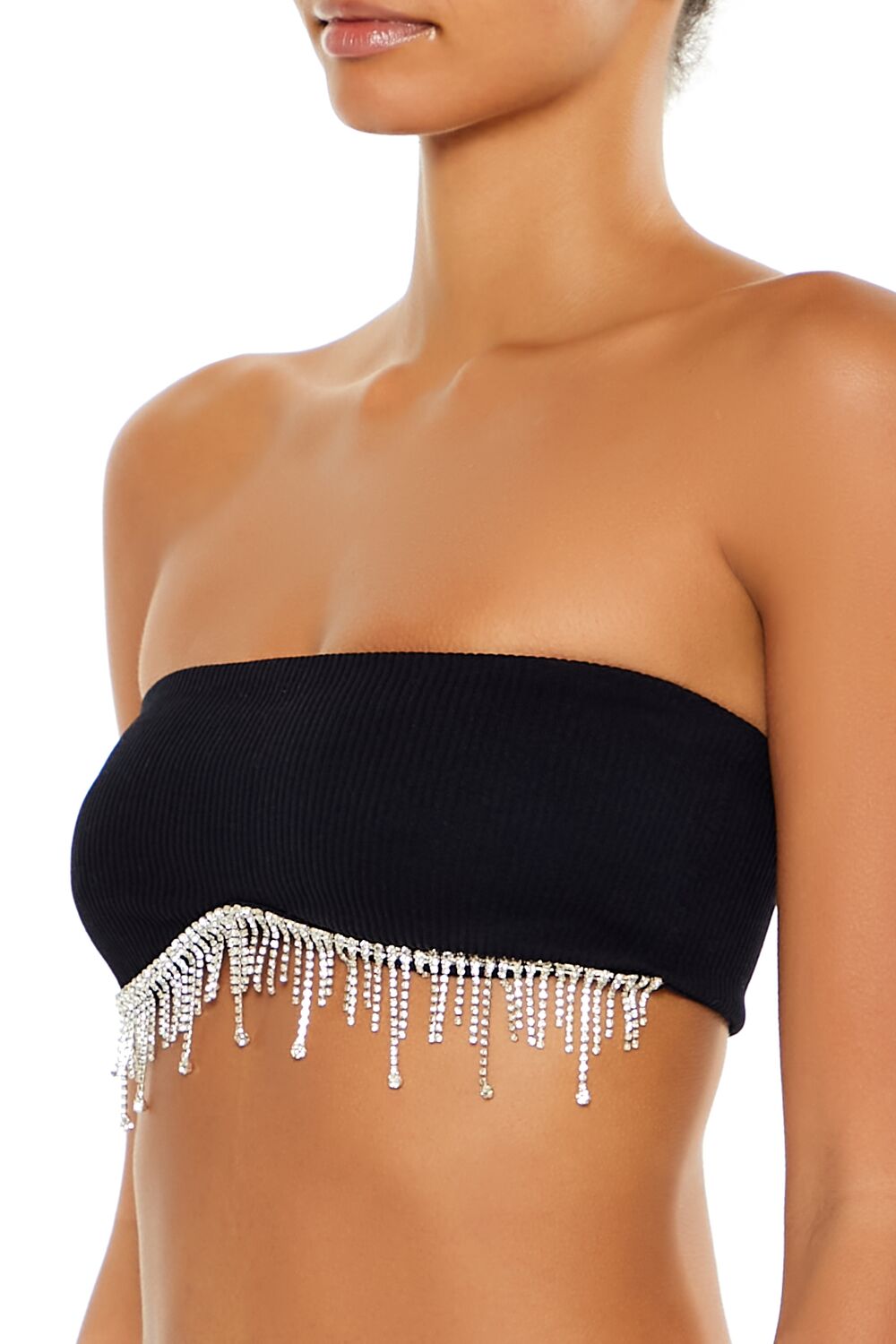  Forever 21 Seamless Rhinestone Fringe Bralette - black-silver - Bonton