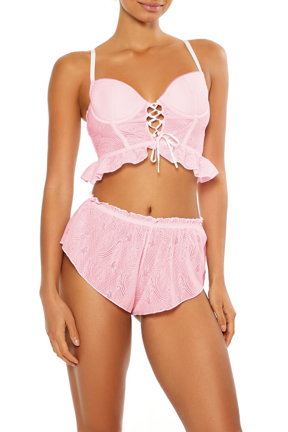  Forever 21 Ruffle Lace-Up Lingerie Corset Cami - pink-white - Bonton