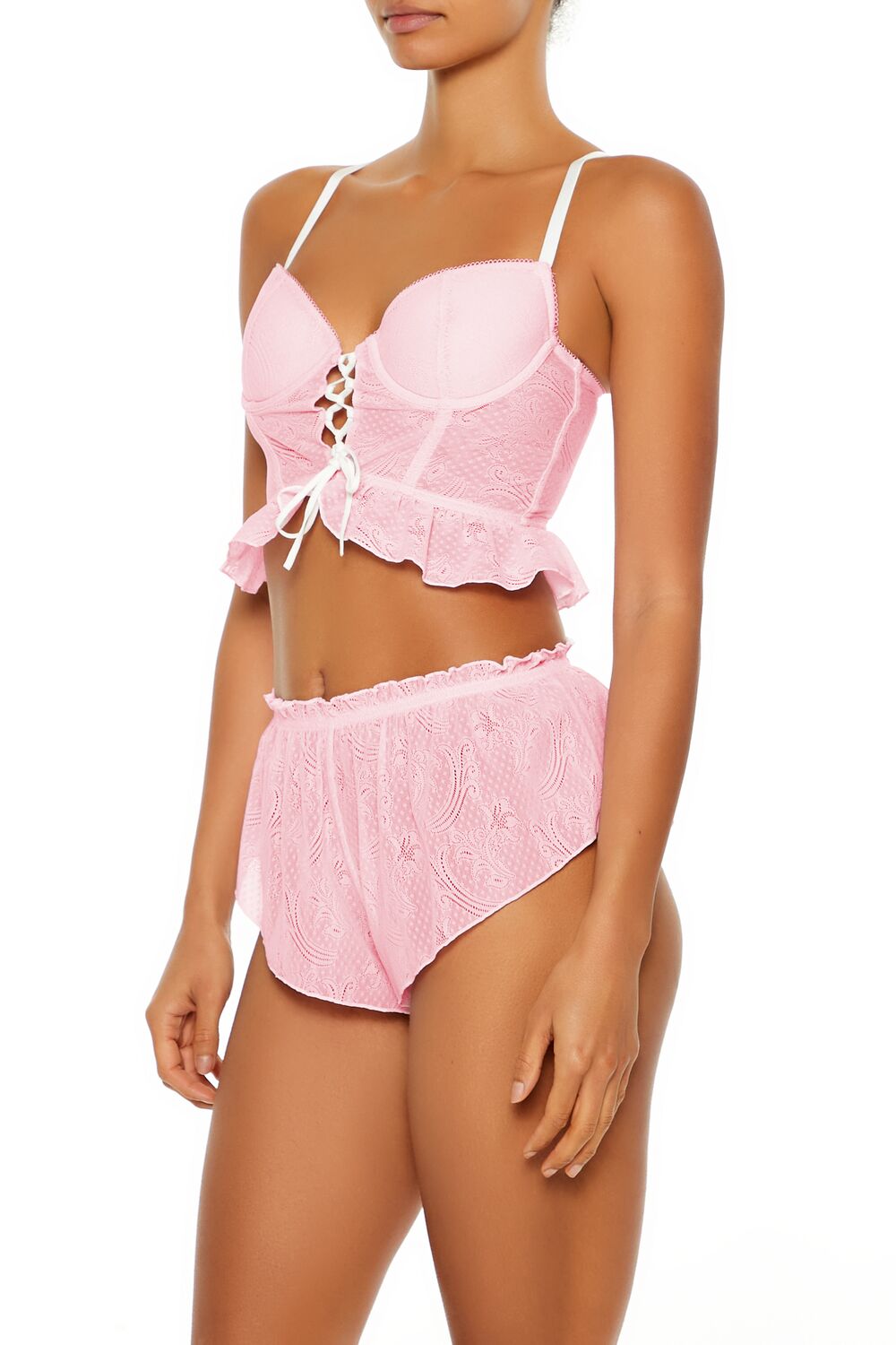  Forever 21 Ruffle Lace-Up Lingerie Corset Cami - pink-white - Bonton