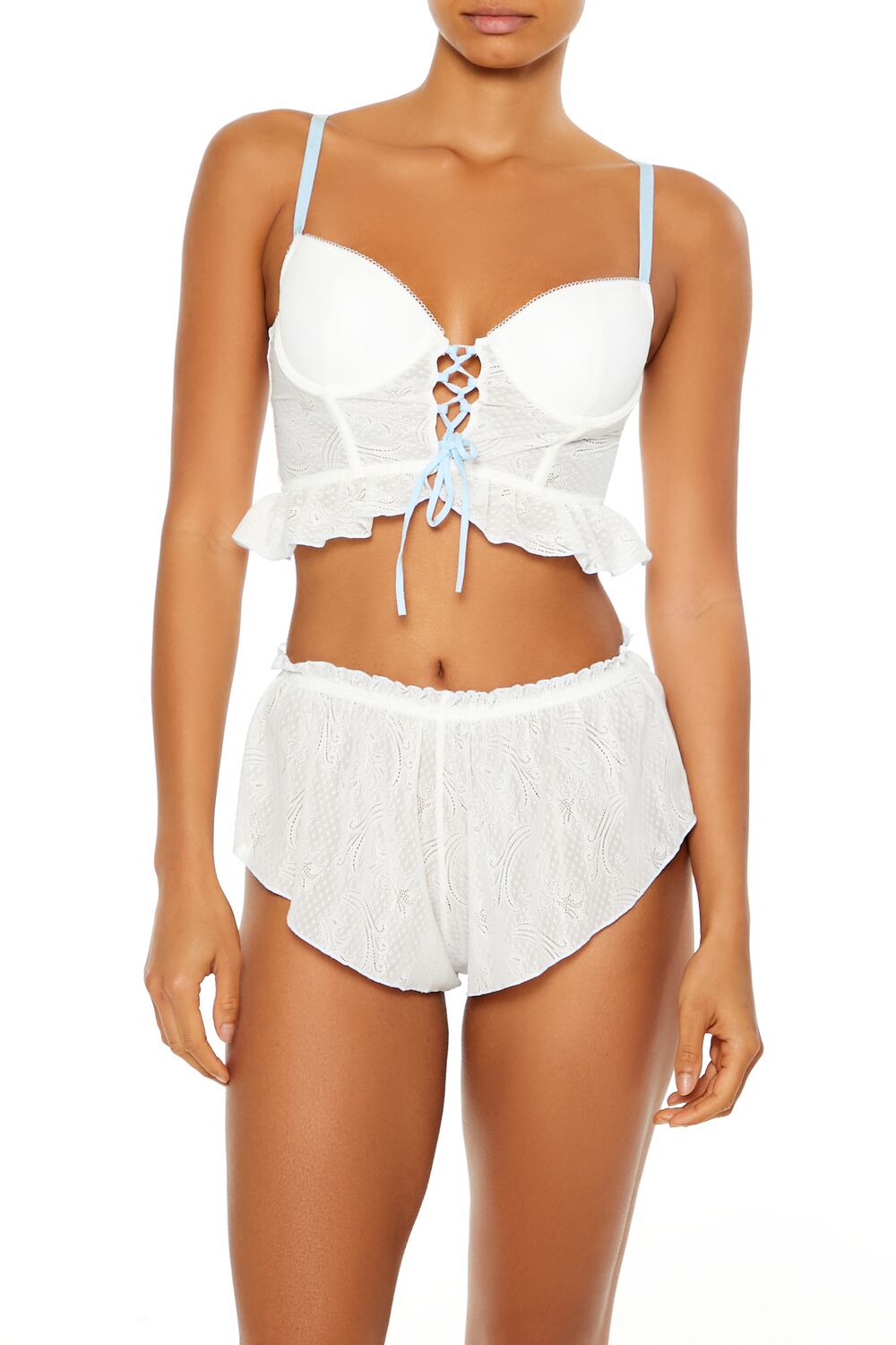  Forever 21 Ruffle Lace-Up Lingerie Corset Cami - white-blue - Bonton