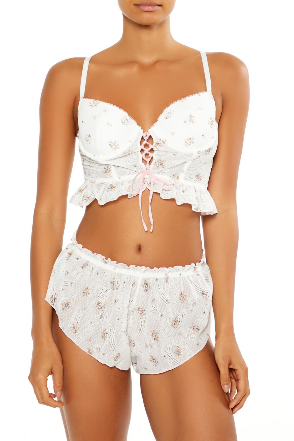  Forever 21 Floral Lace-Up Lingerie Corset Cami - white-multi - Bonton