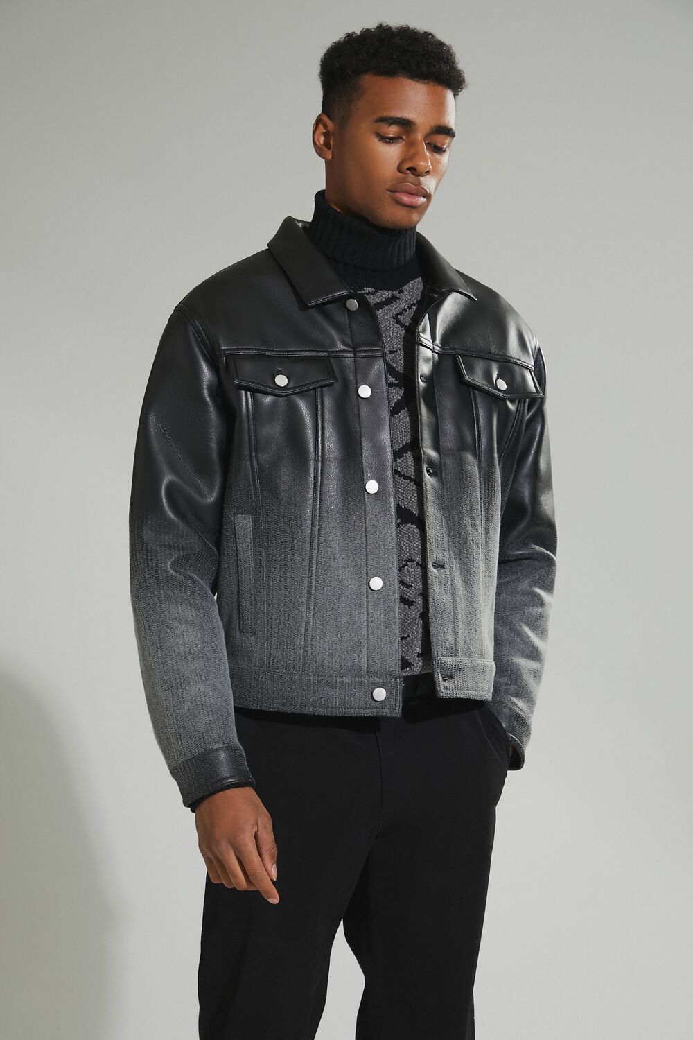  Forever 21 Ombre Faux Leather Moto Jacket - black-grey-swatch - Bonton