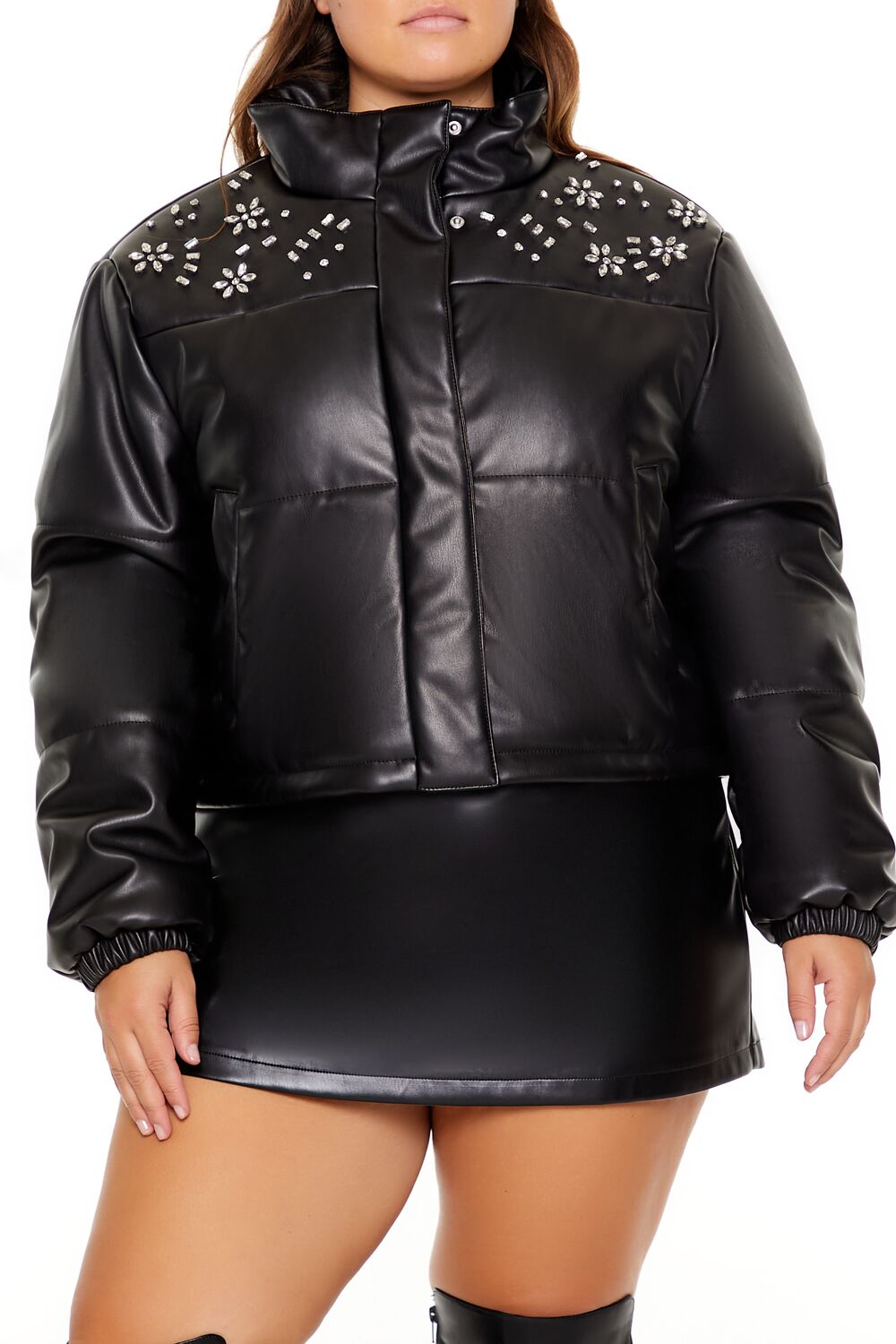  Forever 21 Plus Size Faux Leather Puffer Jacket - black-swatch - Bonton