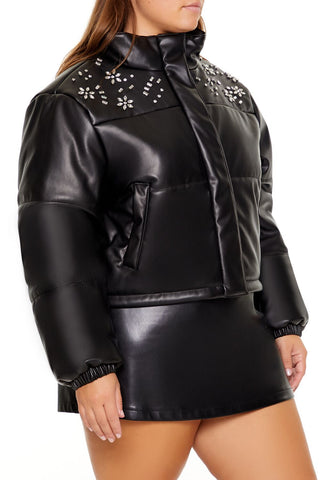 Plus Size Faux Leather Puffer Jacket