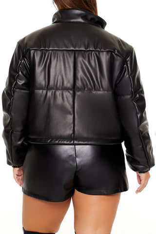 Plus Size Faux Leather Puffer Jacket