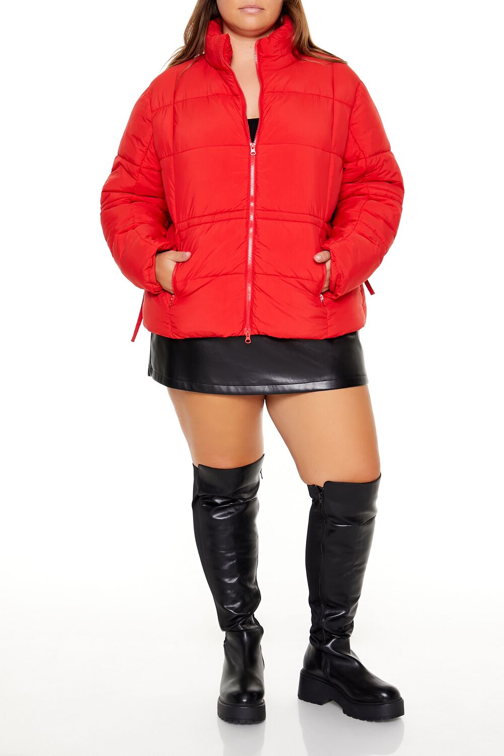  Forever 21 Plus Size Tie-Waist Puffer Jacket - high-risk-red-swatch - Bonton