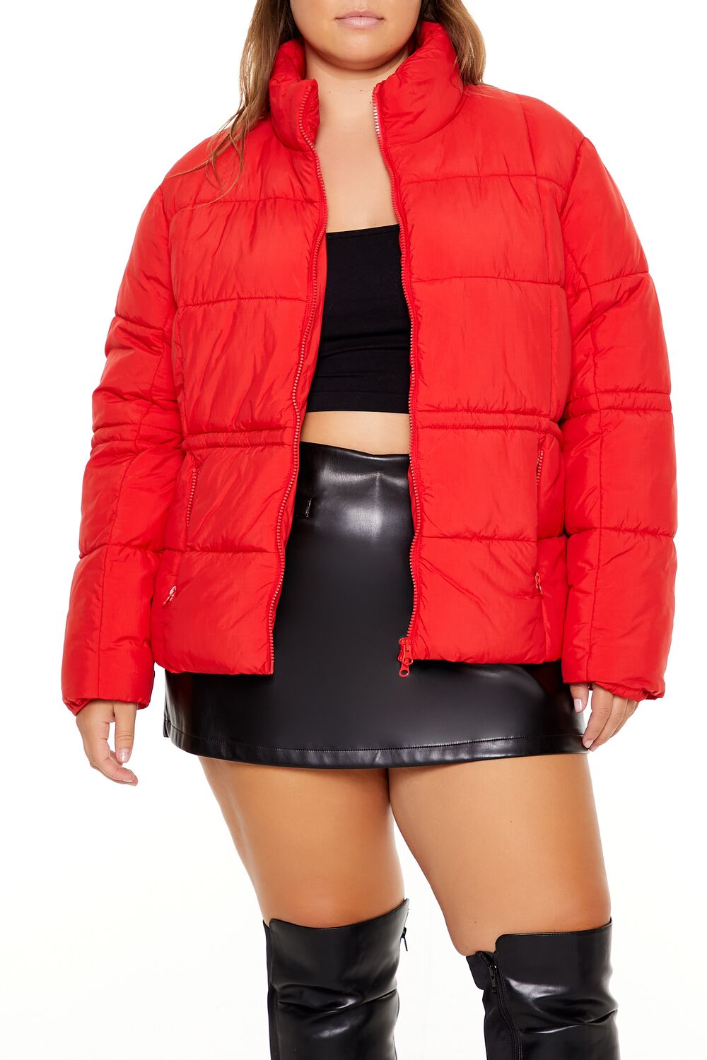  Forever 21 Plus Size Tie-Waist Puffer Jacket - high-risk-red-swatch - Bonton