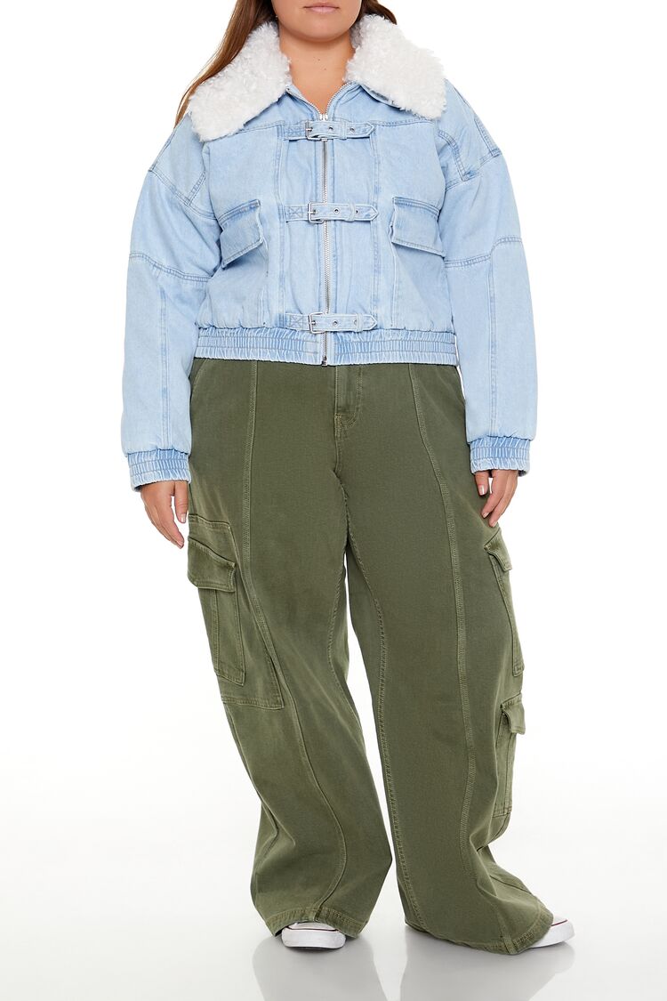  Forever 21 Plus Size Faux Shearling Denim Jacket - light-denim - Bonton