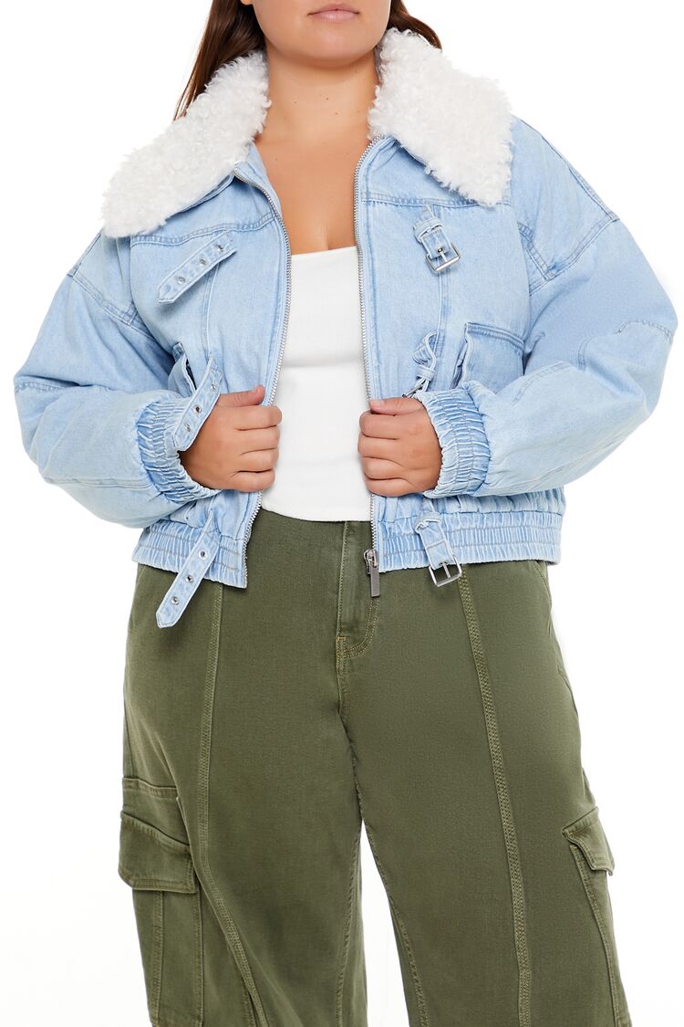  Forever 21 Plus Size Faux Shearling Denim Jacket - light-denim - Bonton