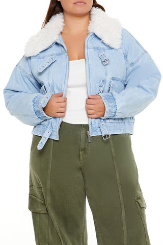Plus Size Faux Shearling Denim Jacket