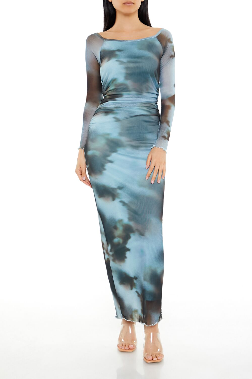  Forever 21 Mesh Abstract Bodycon Maxi Dress - blue-multi - Bonton