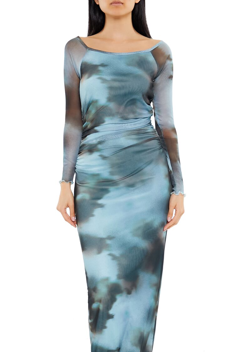  Forever 21 Mesh Abstract Bodycon Maxi Dress - blue-multi - Bonton