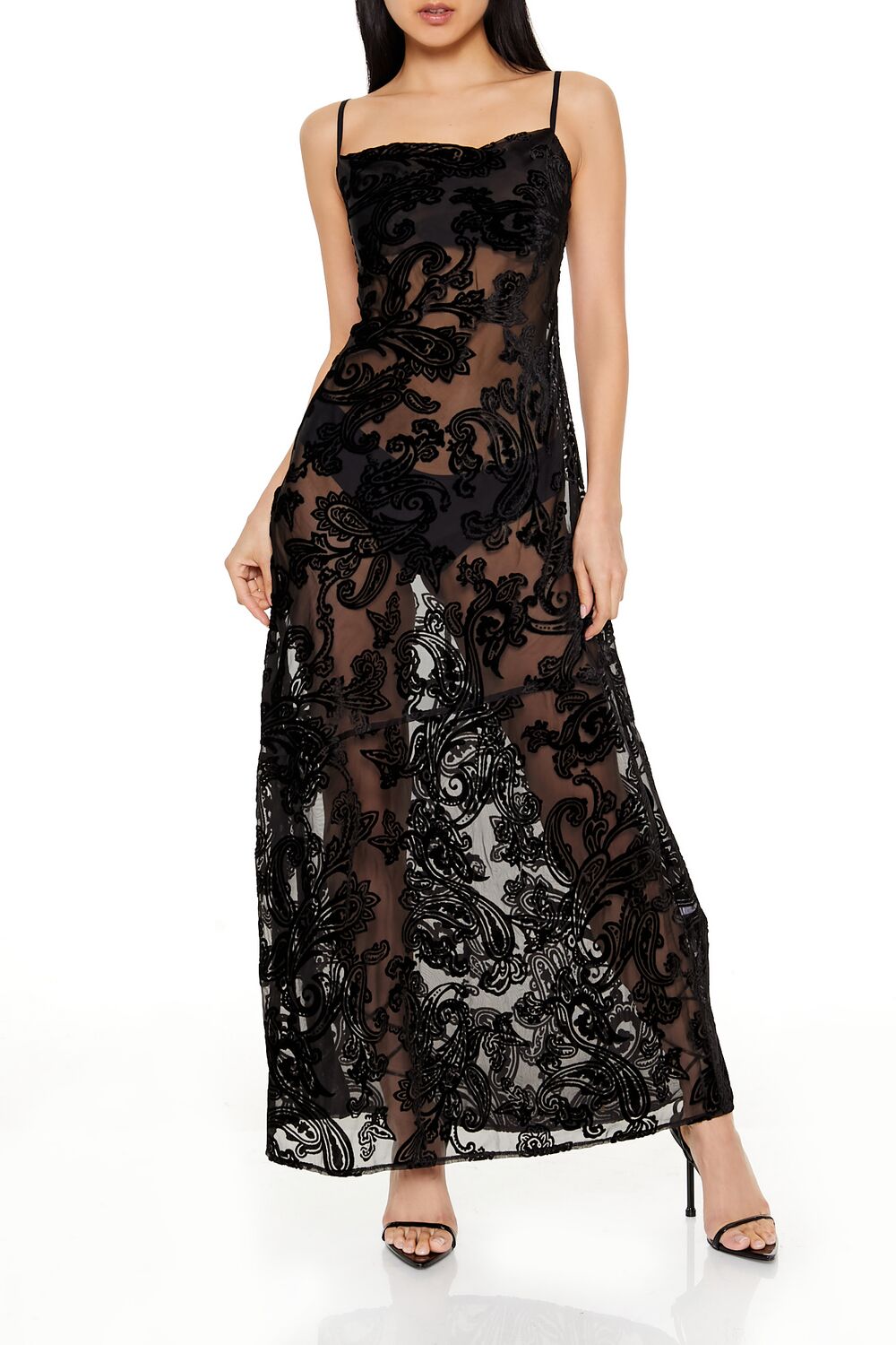  Forever 21 Sheer Flocked Paisley Maxi Dress - black-swatch - Bonton