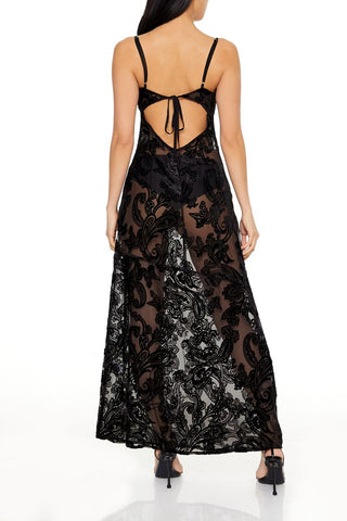 Sheer Flocked Paisley Maxi Dress