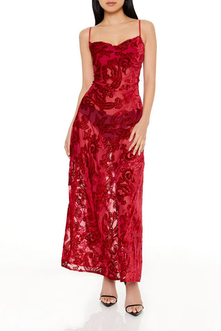 Sheer Flocked Paisley Maxi Dress