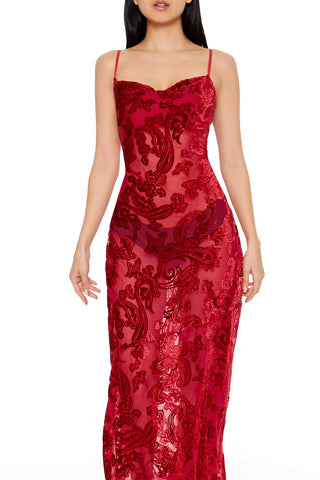 Sheer Flocked Paisley Maxi Dress