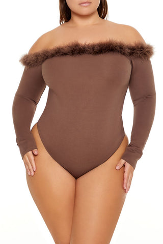 Plus Size Faux Fur-Trim Bodysuit
