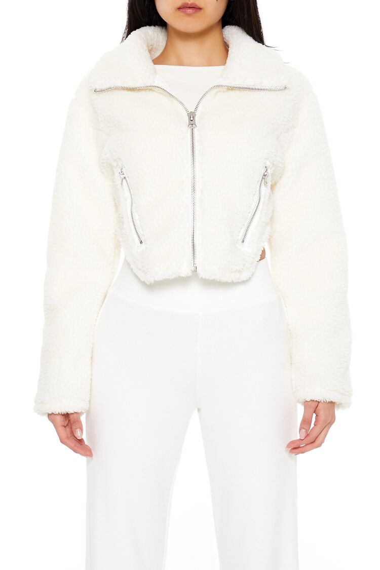  Forever 21 Faux Shearling Cropped Moto Jacket - white - Bonton
