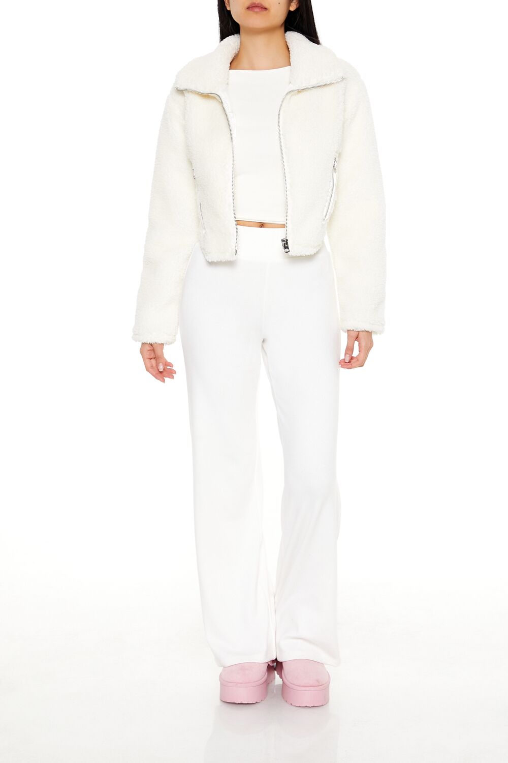  Forever 21 Faux Shearling Cropped Moto Jacket - white - Bonton