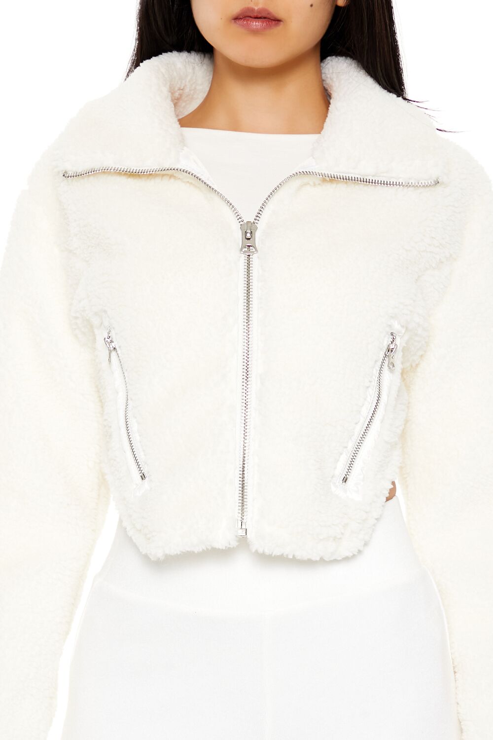  Forever 21 Faux Shearling Cropped Moto Jacket - white - Bonton
