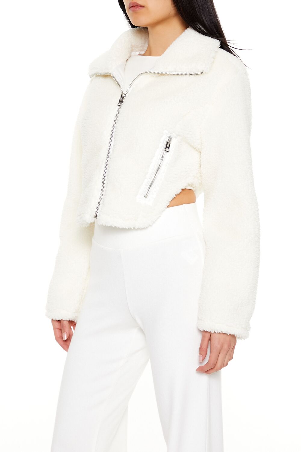  Forever 21 Faux Shearling Cropped Moto Jacket - white - Bonton