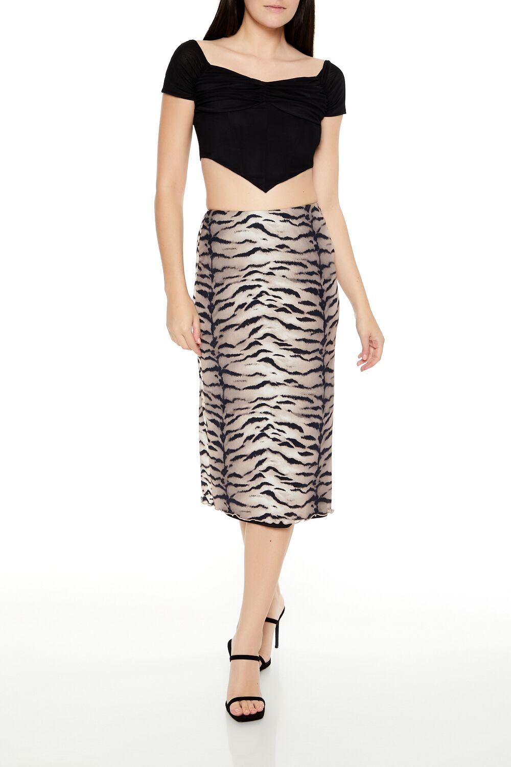  Forever 21 Mesh Tiger Print Midi Skirt - black-multi - Bonton
