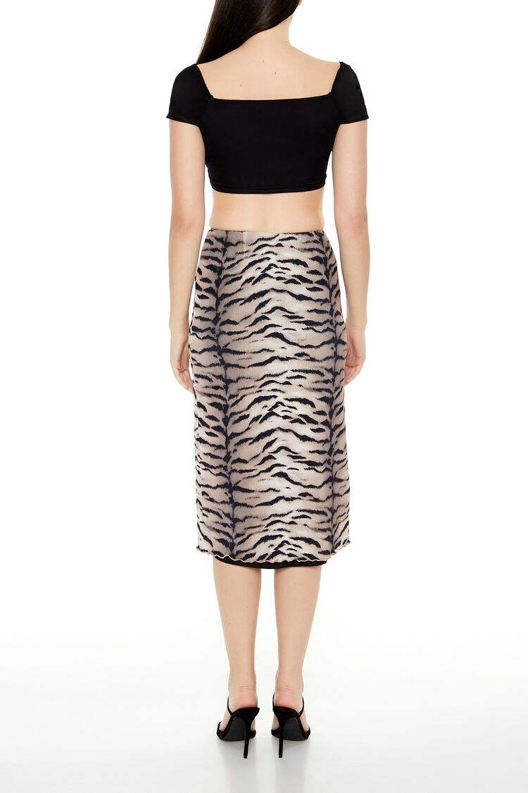  Forever 21 Mesh Tiger Print Midi Skirt - black-multi - Bonton