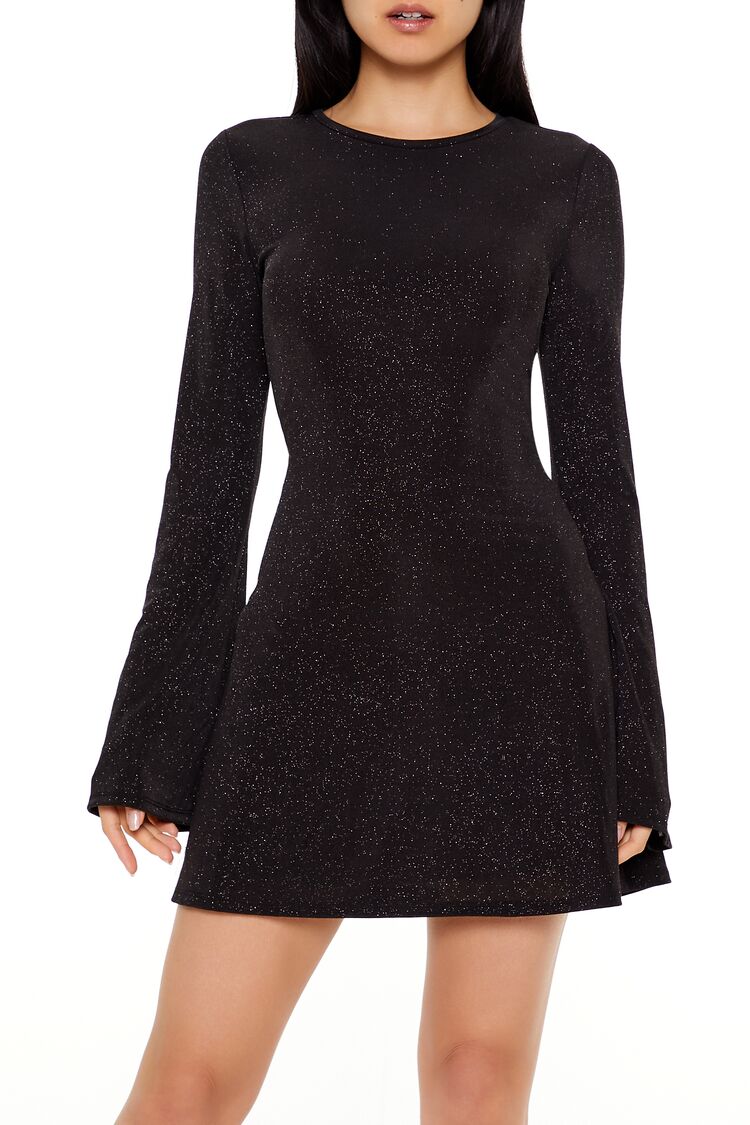 Forever 21 Glitter Bell-Sleeve Mini Dress - black-swatch - Bonton