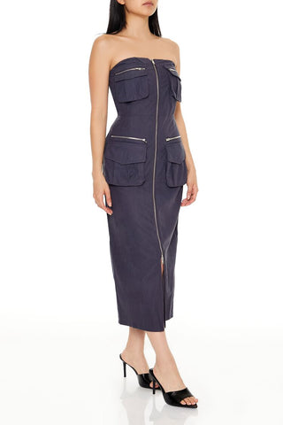 Strapless Zip-Up Cargo Midi Dress
